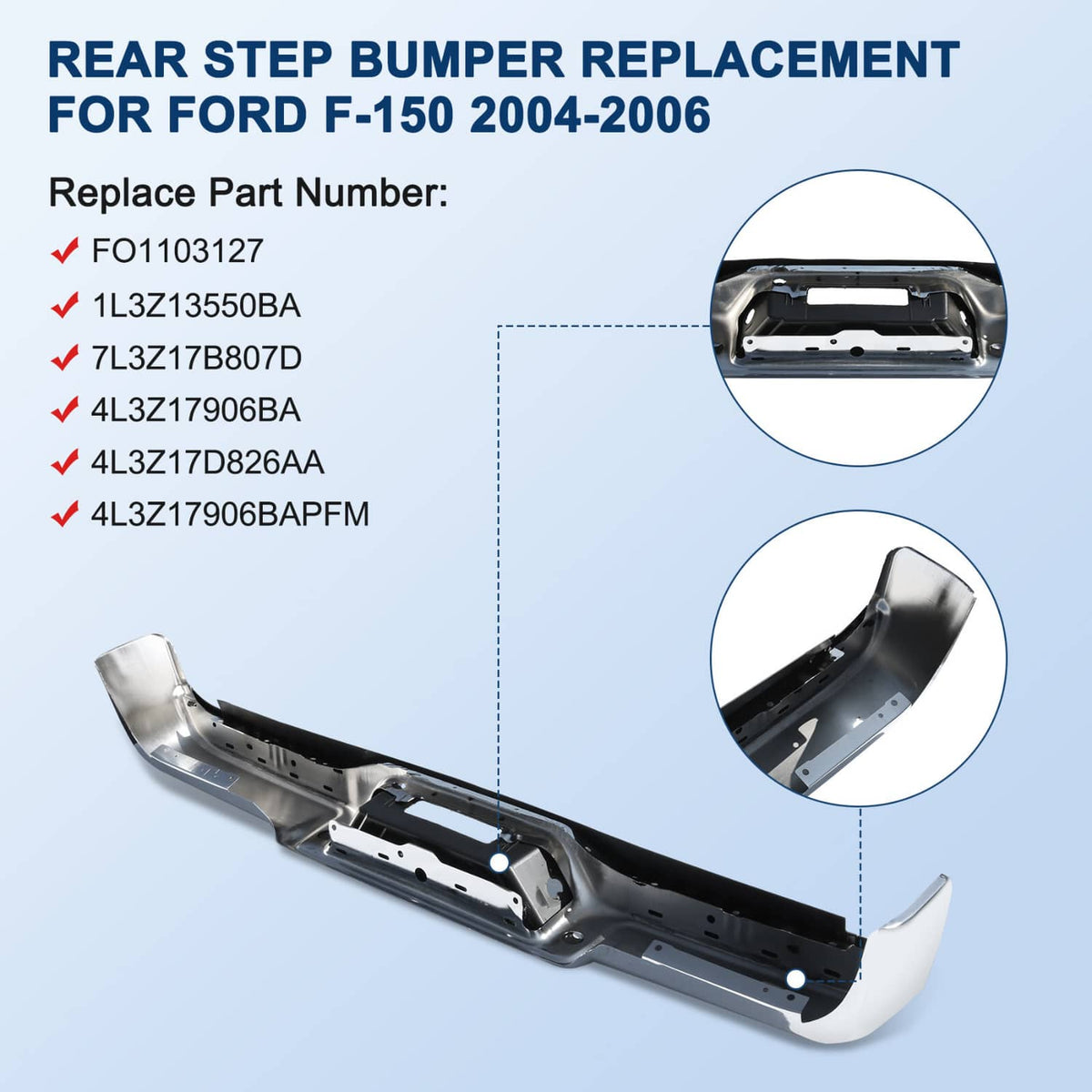 Replacement rear step bumper cover with pre-drilled mounting areas and sensor cutouts