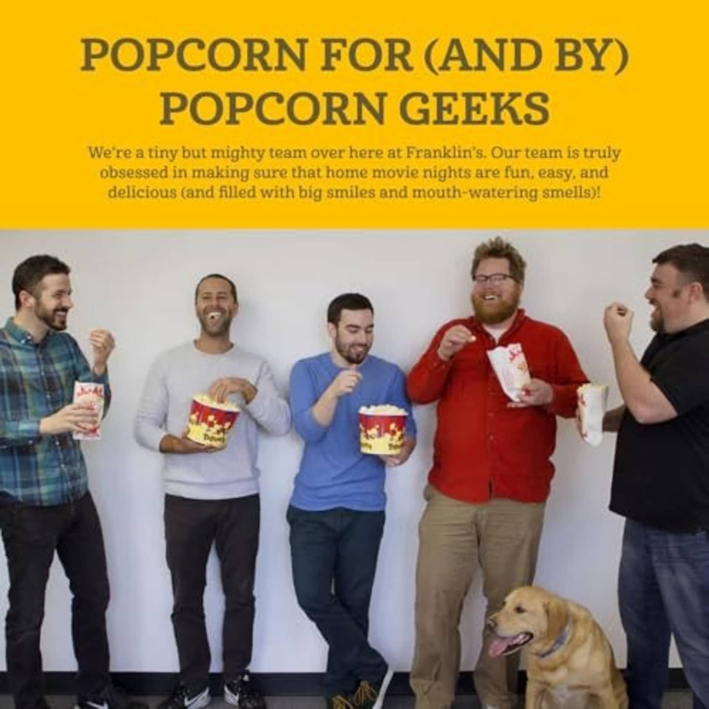 Group of friends holding popcorn snacks, standing together in a casual room.