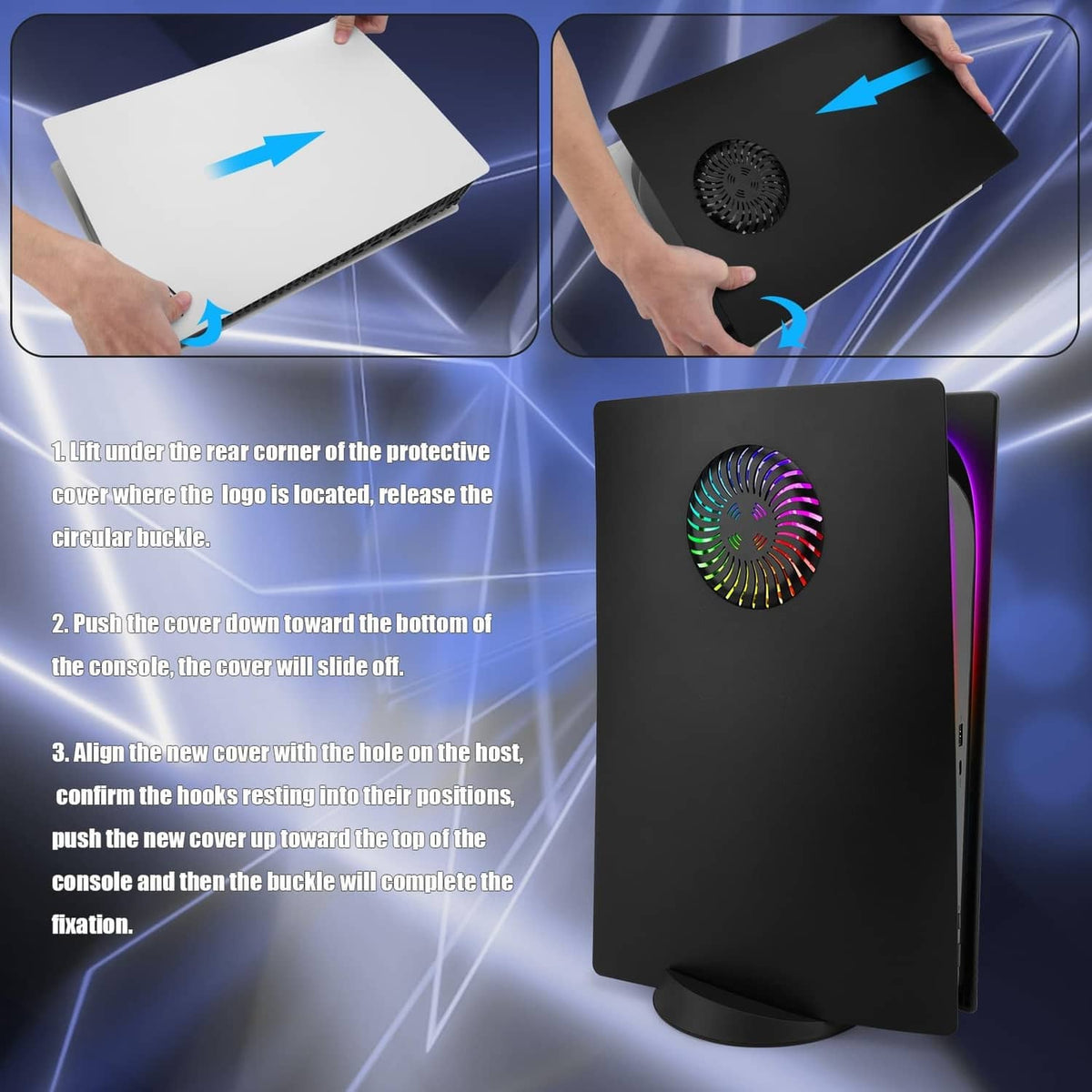 Hands fitting a black PS5 faceplate replacement panel onto the console