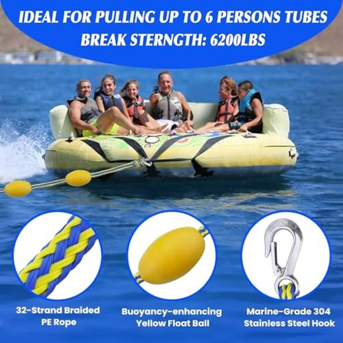 Floating tow rope with multiple yellow float balls and metal hook for towing tubes