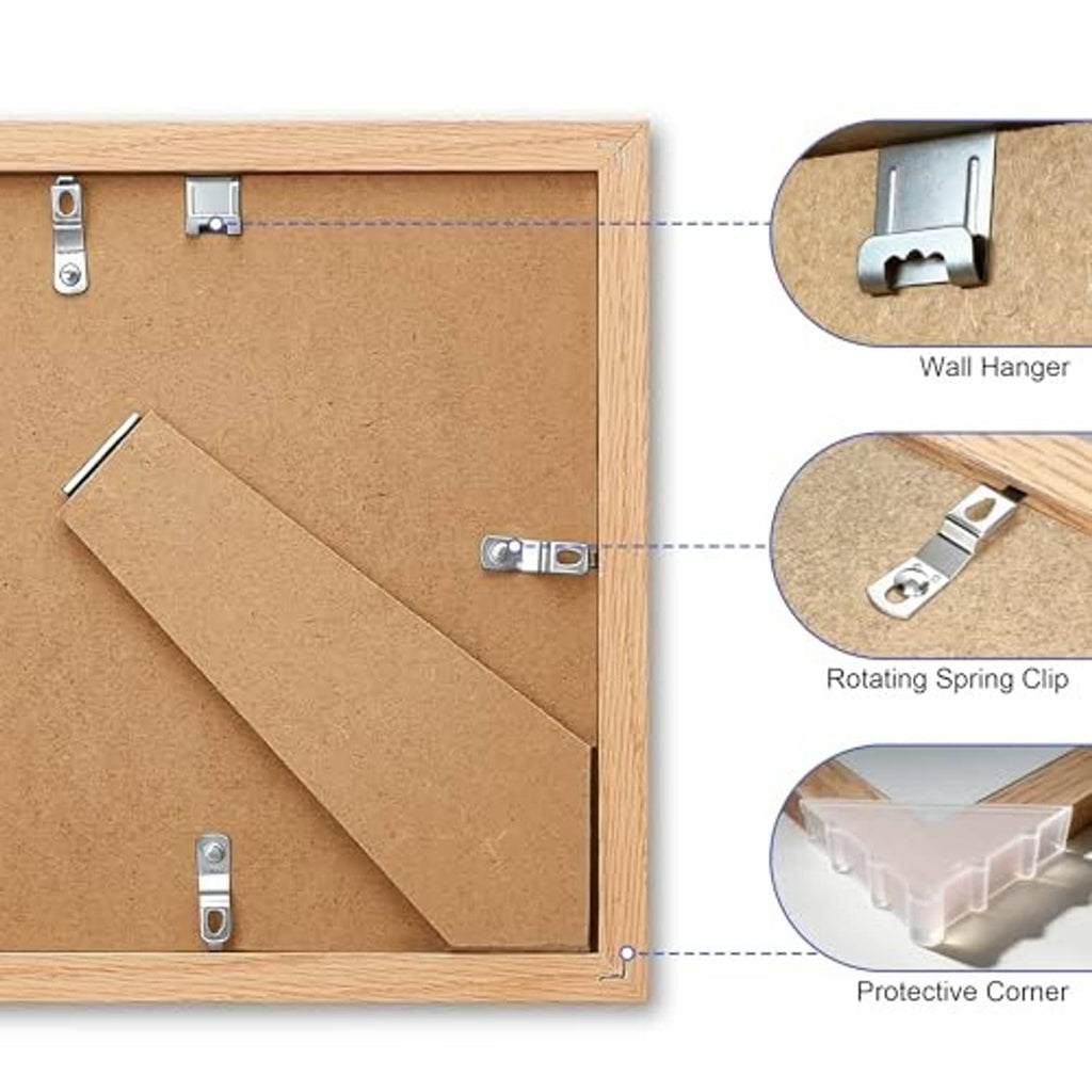 Back of light oak 8x8 picture frame with wall hanger and spring clips