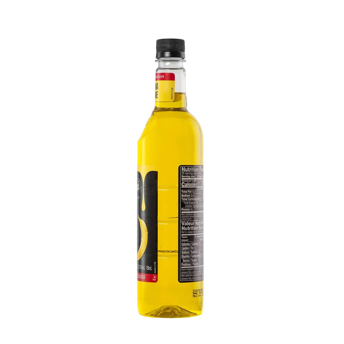 Banana syrup bottle with side label and yellow liquid, black cap
