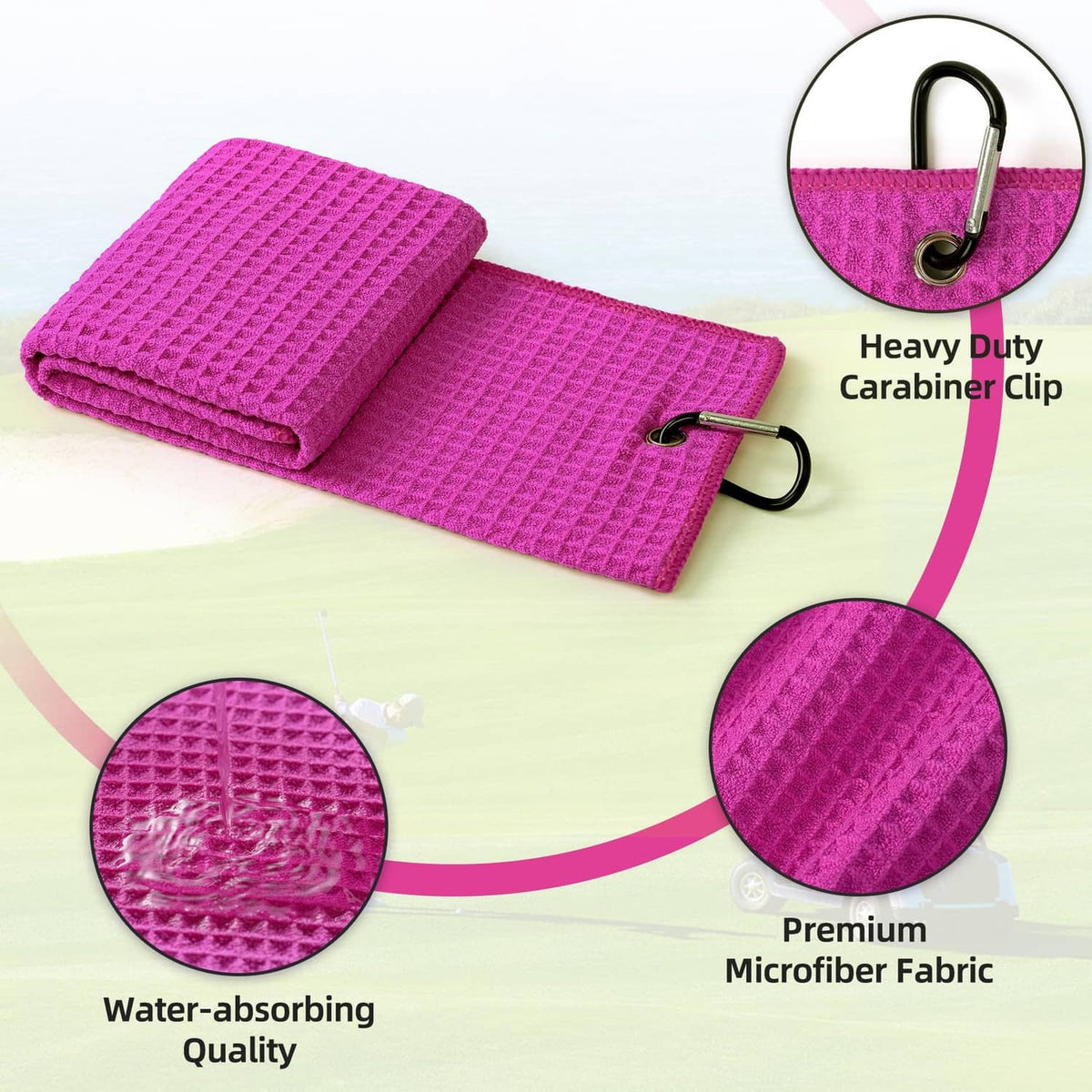 Magenta waffle-weave microfiber towel with black carabiner clip