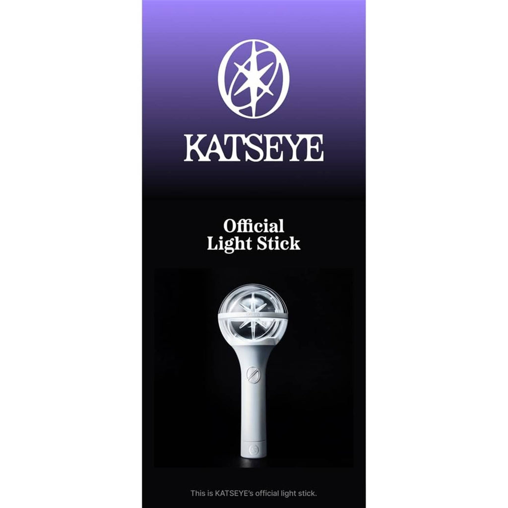 Official light stick box front with KATSEYE logo and white light stick photo