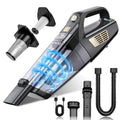 Black cordless handheld vacuum with transparent dust cup, gold vent panels, and crevice tool