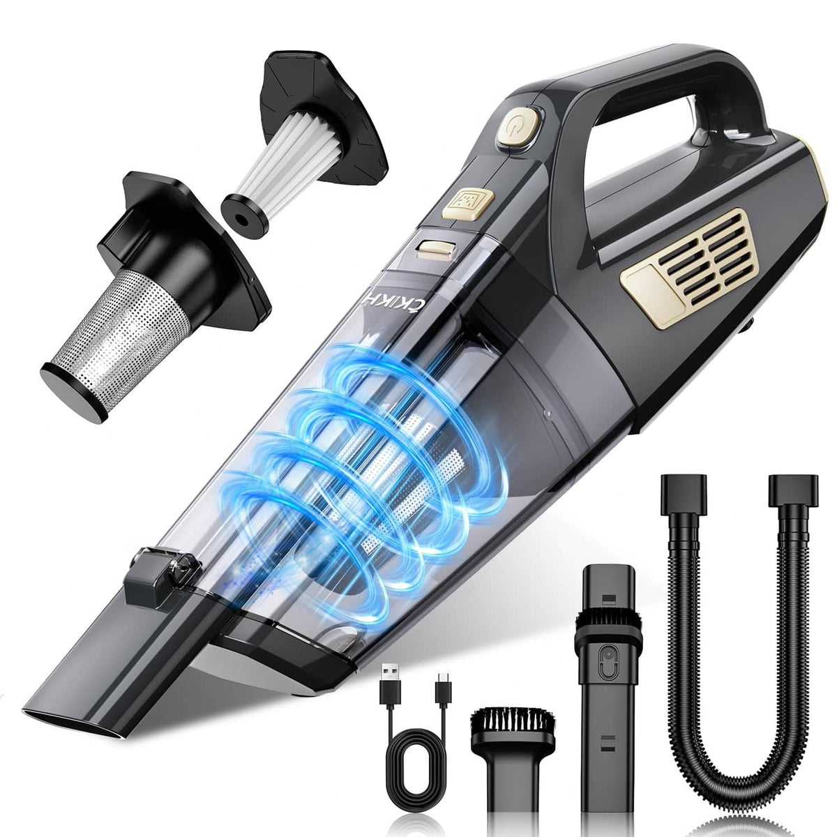 Black cordless handheld vacuum with transparent dust cup, gold vent panels, and crevice tool