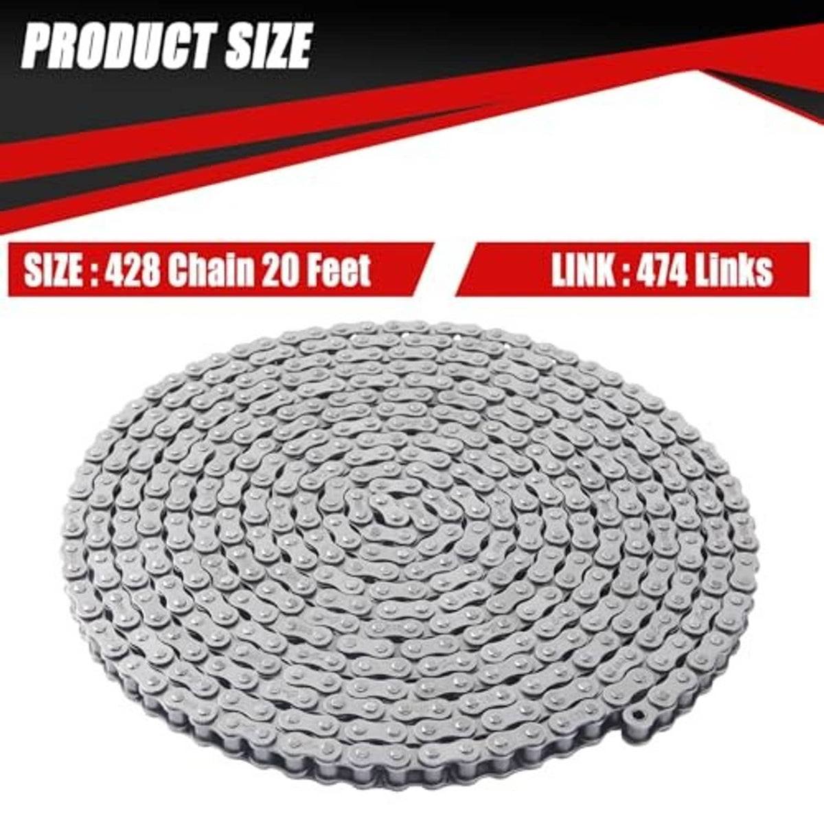 Coiled 428 roller chain, silver metal, sized for 20 ft use