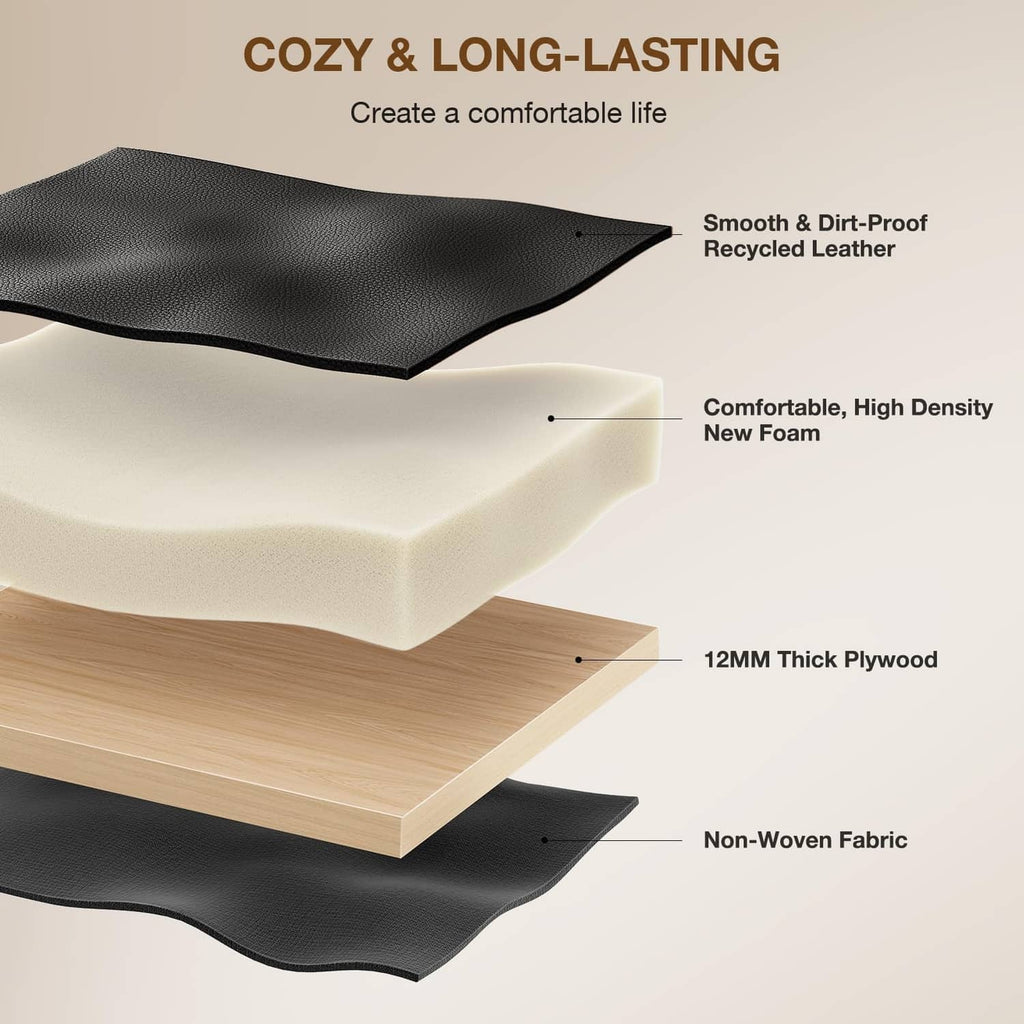 Black bar stool seat with textured leather-look top and thick foam padding.