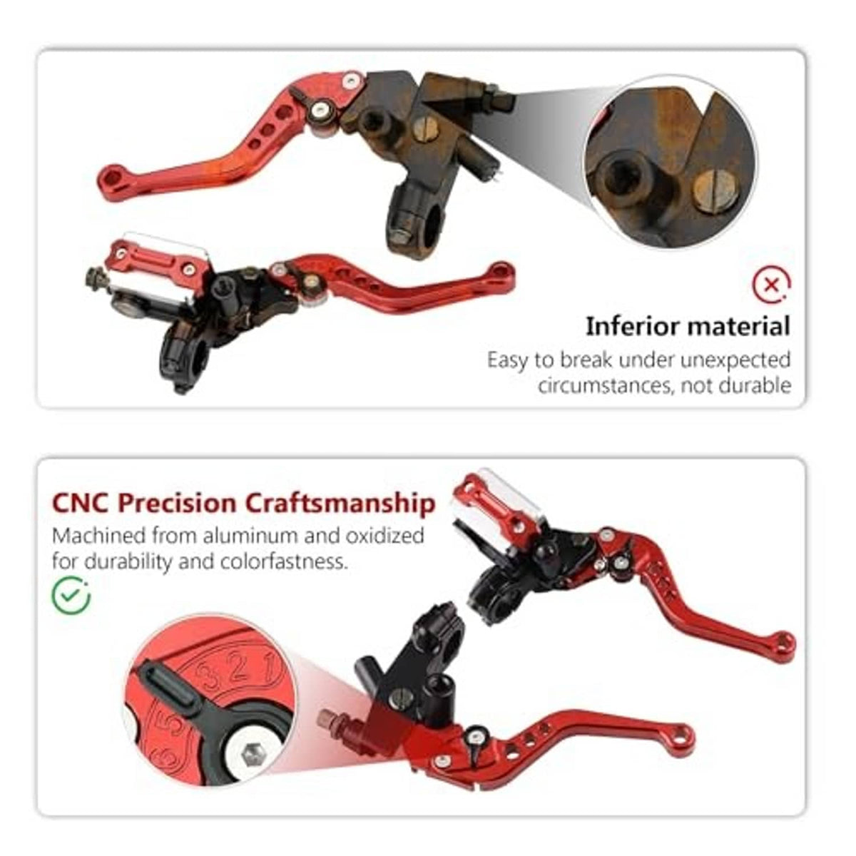 Red and black brake clutch lever assembly with lever pivot close-up detail