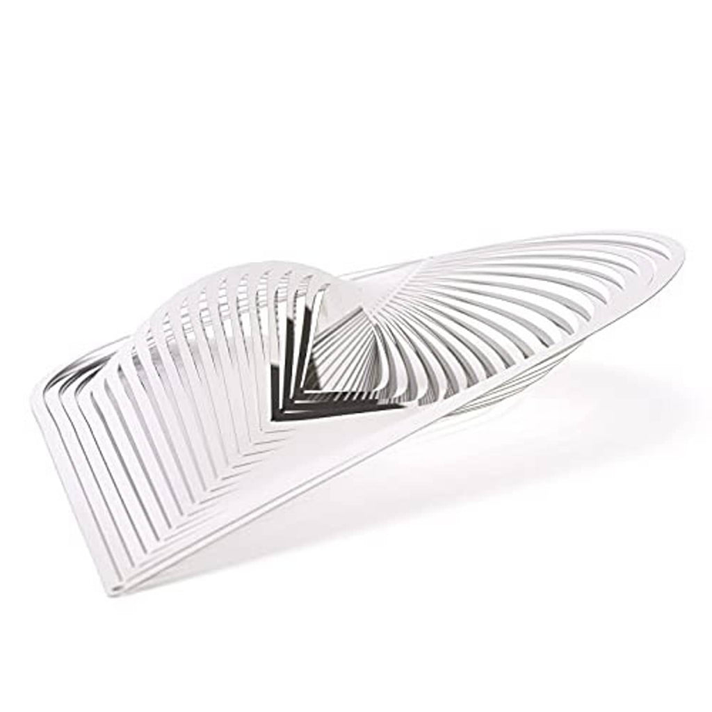 Teardrop wind spinner lying flat, showing silver spiral slat design