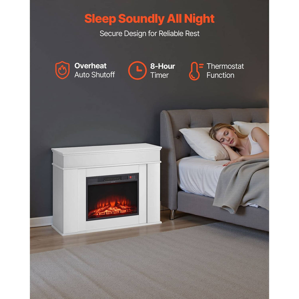 White freestanding electric fireplace mantel with red flame display and compact size