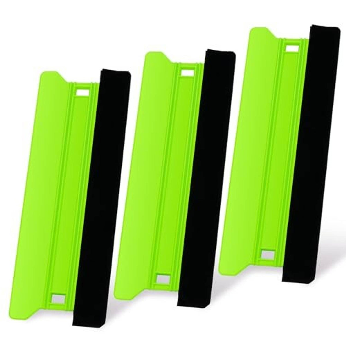 Three neon green felt edge squeegees with black pads and plastic body