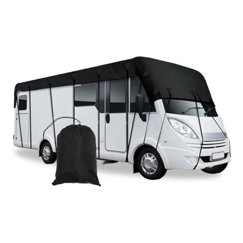 Black Oxford camper cover with front panel and included storage bag