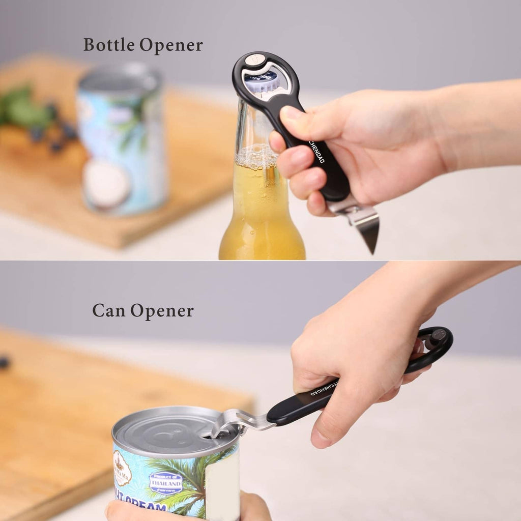 Black bottle and can opener held in hand with silver blade and cap loop