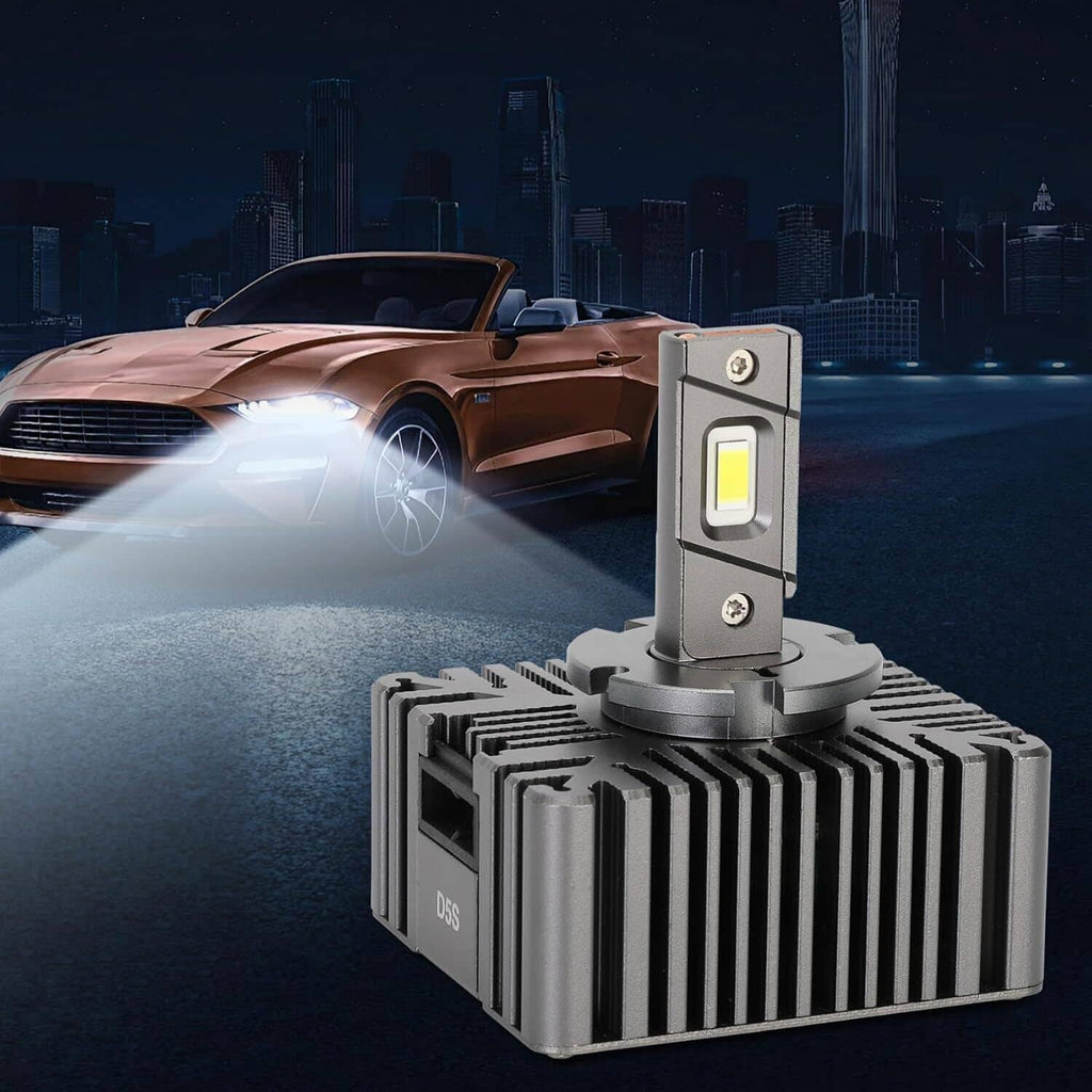 LED headlight bulb with metal heat sink and glowing LED panel, hi-lo replacement