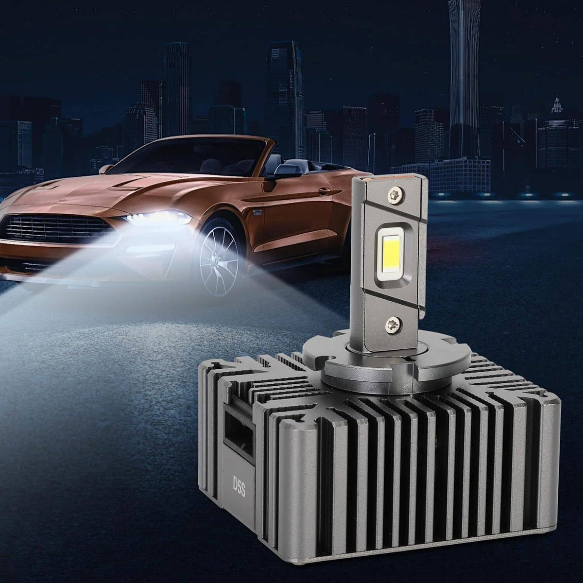 LED headlight bulb with metal heat sink and glowing LED panel, hi-lo replacement