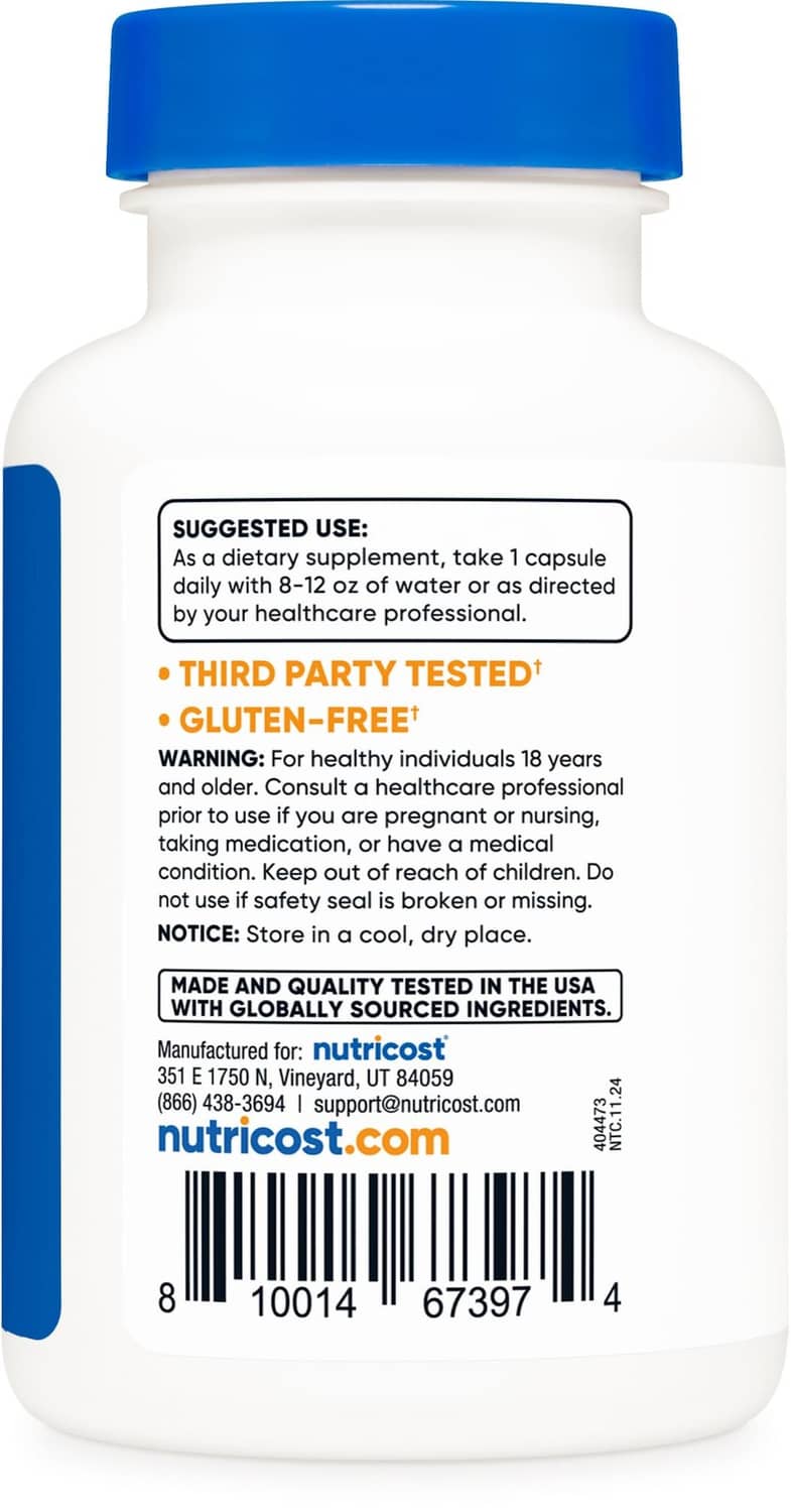 Nutricost supplement bottle back label with directions and barcode