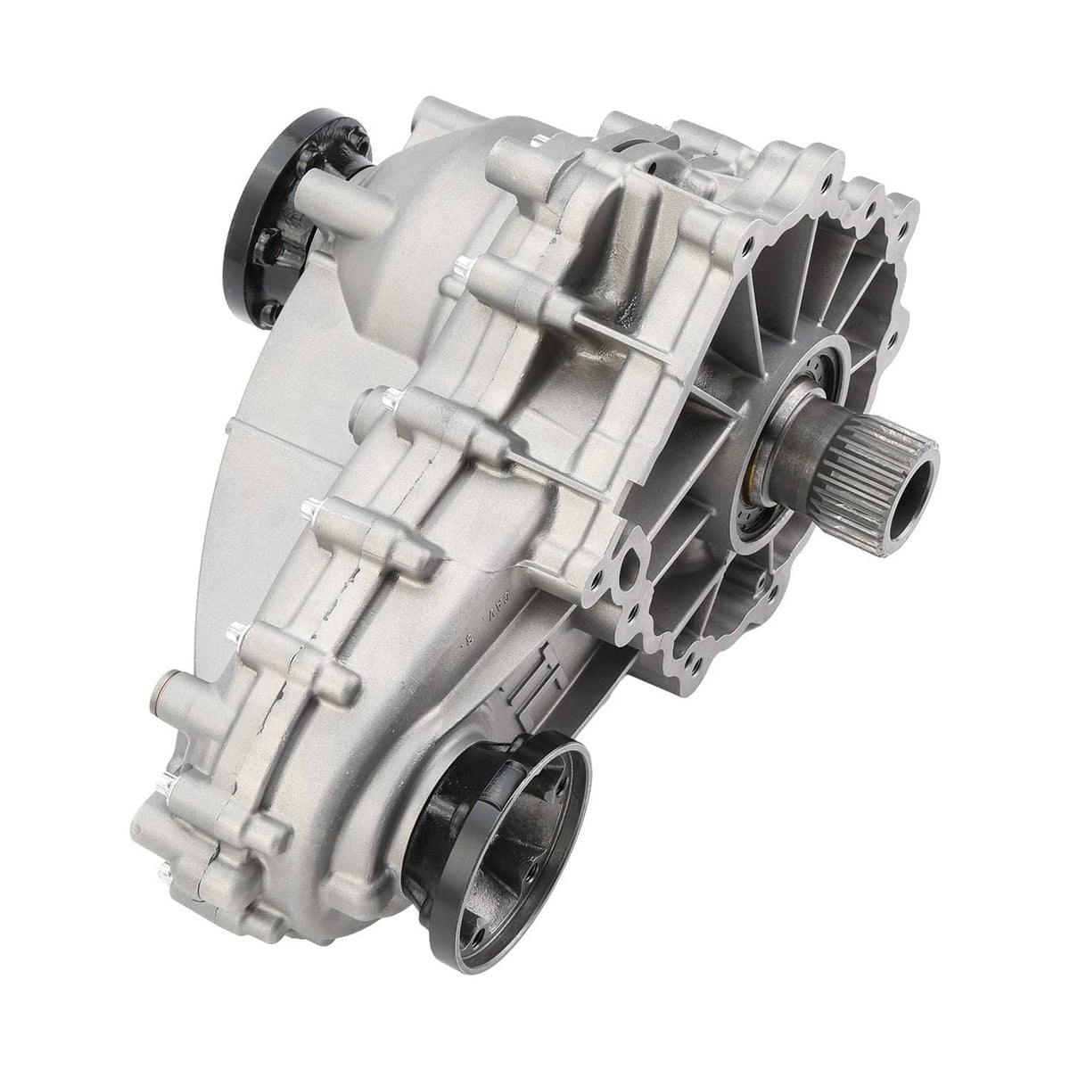 Transfer case assembly, silver housing with black mounts and side gear shaft