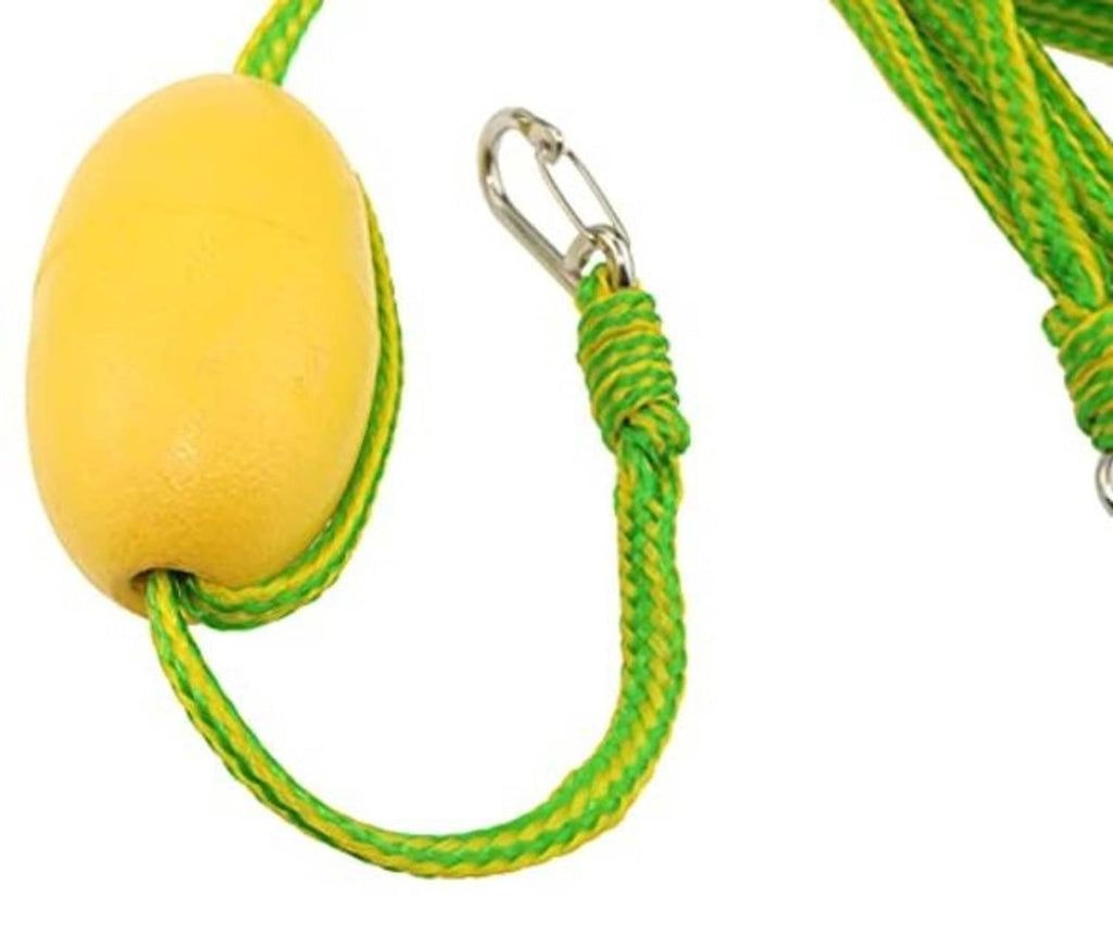 Yellow buoy with green rope loop and small metal connector