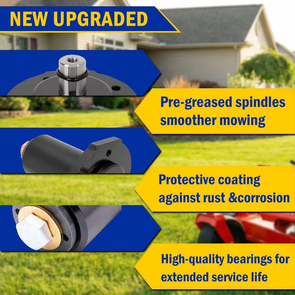 Upgraded deck spindle assembly with pre-greased spindle concept callouts