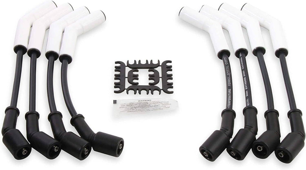 Curved spark plug wire set with black boots and white wire sections, multiple ends