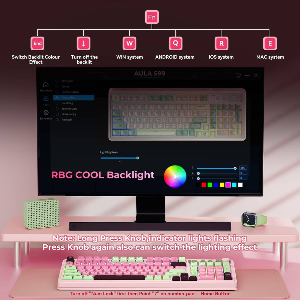 RGB backlit wireless keyboard with pastel pink and green keycaps
