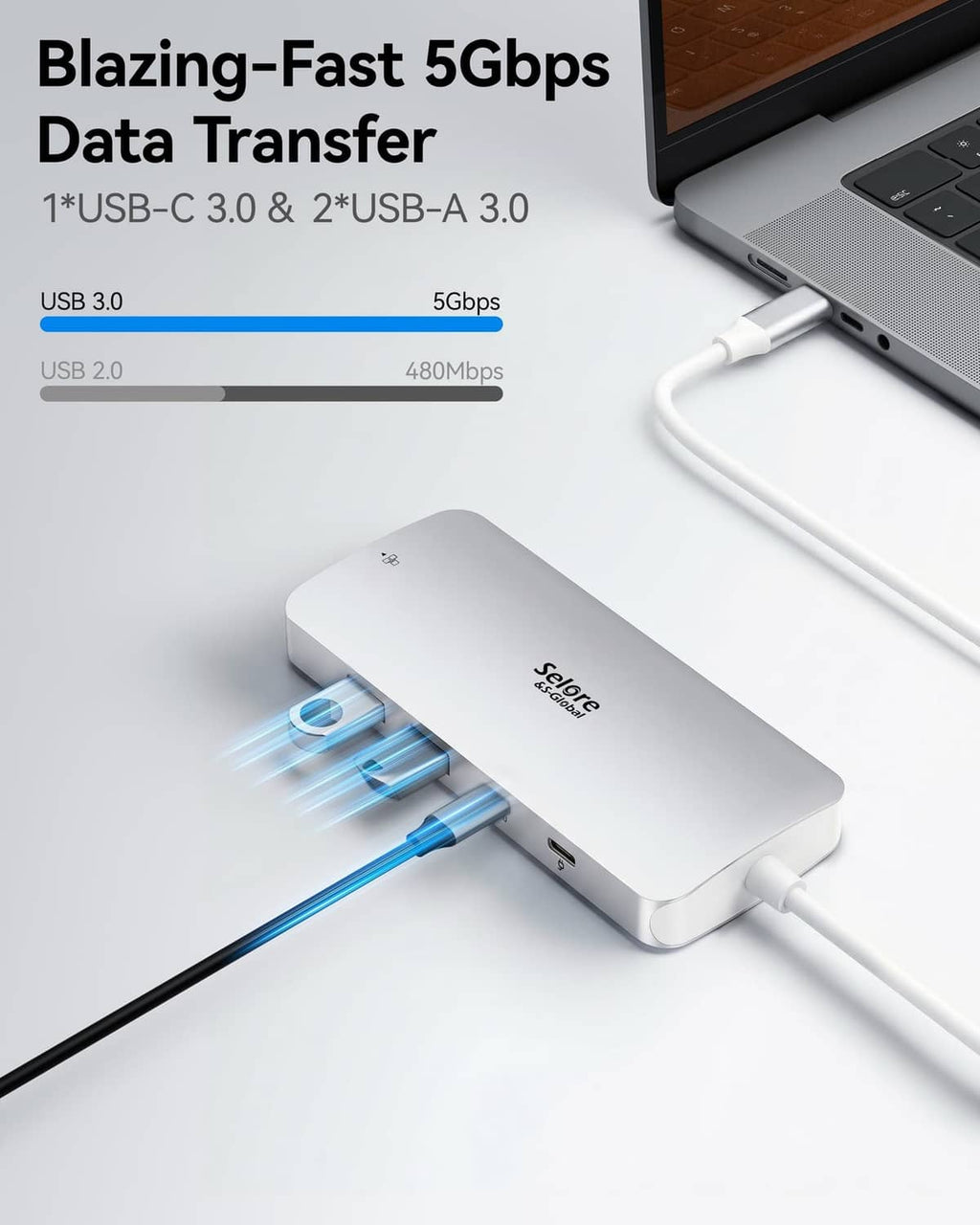 Silver USB-C docking station with 5Gbps USB-A and USB-C ports and vented design