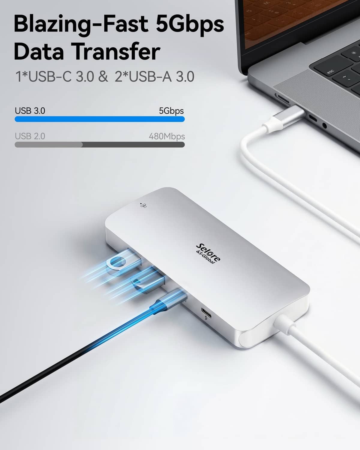 Silver USB-C docking station with 5Gbps USB-A and USB-C ports and vented design