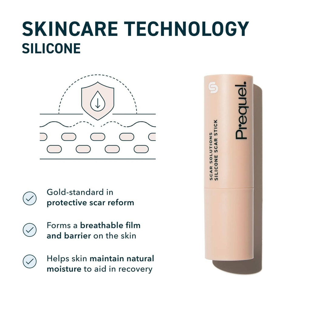 Prequel silicone scar stick with protective film cutaway graphic for skincare technology