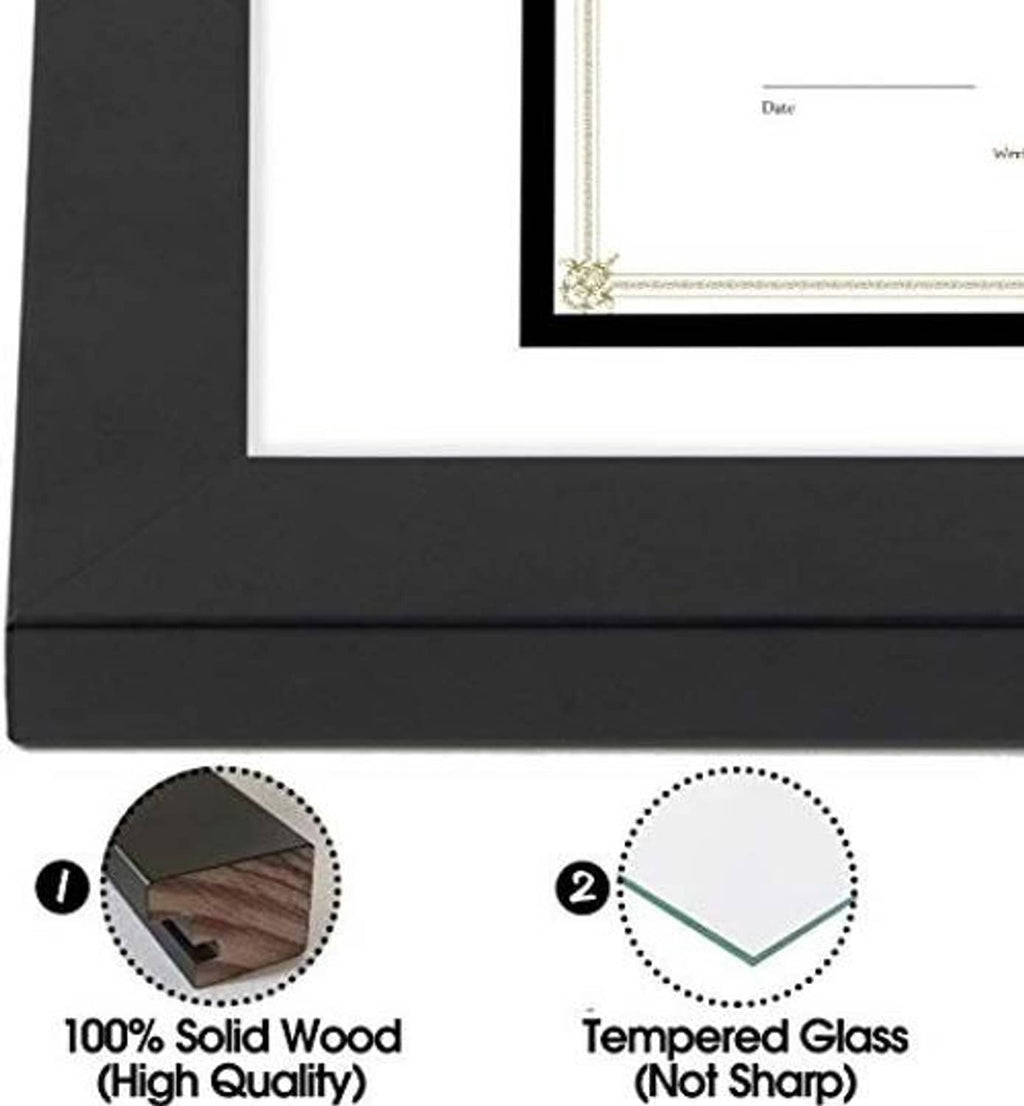 Black wood frame corner with cream decorative inner border and clear glass