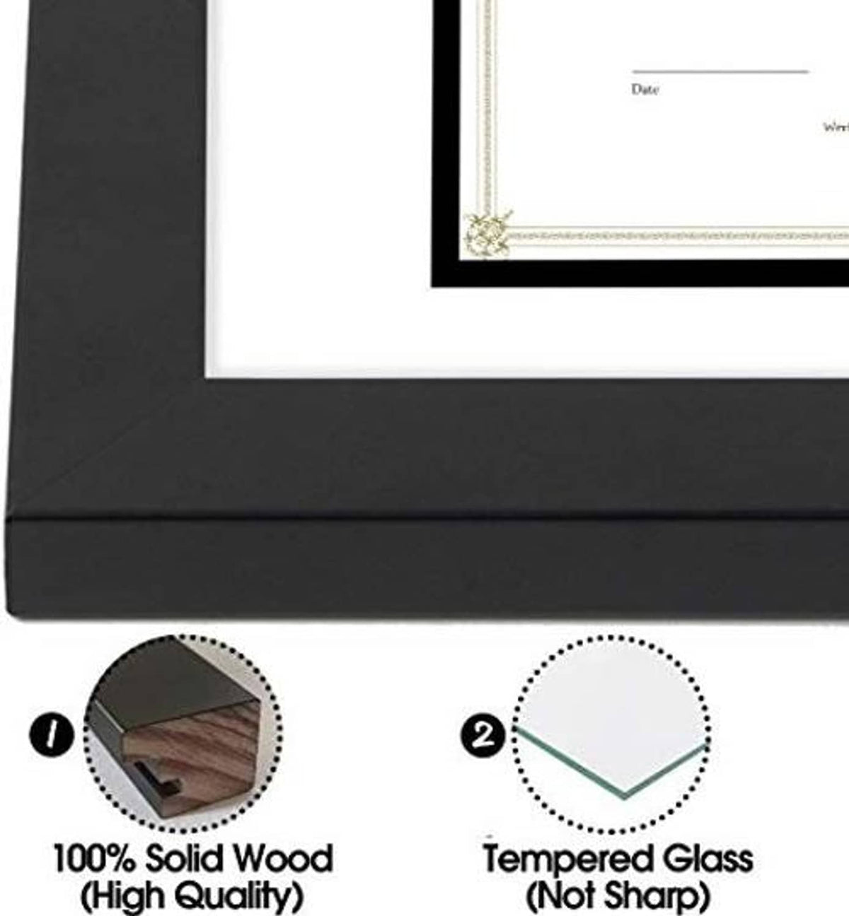 Black wood frame corner with cream decorative inner border and clear glass