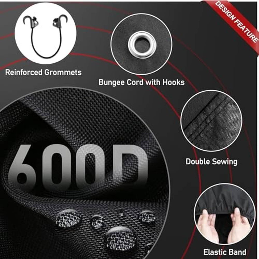 Spare tire cover feature details: reinforced grommets and bungee cord with hooks.