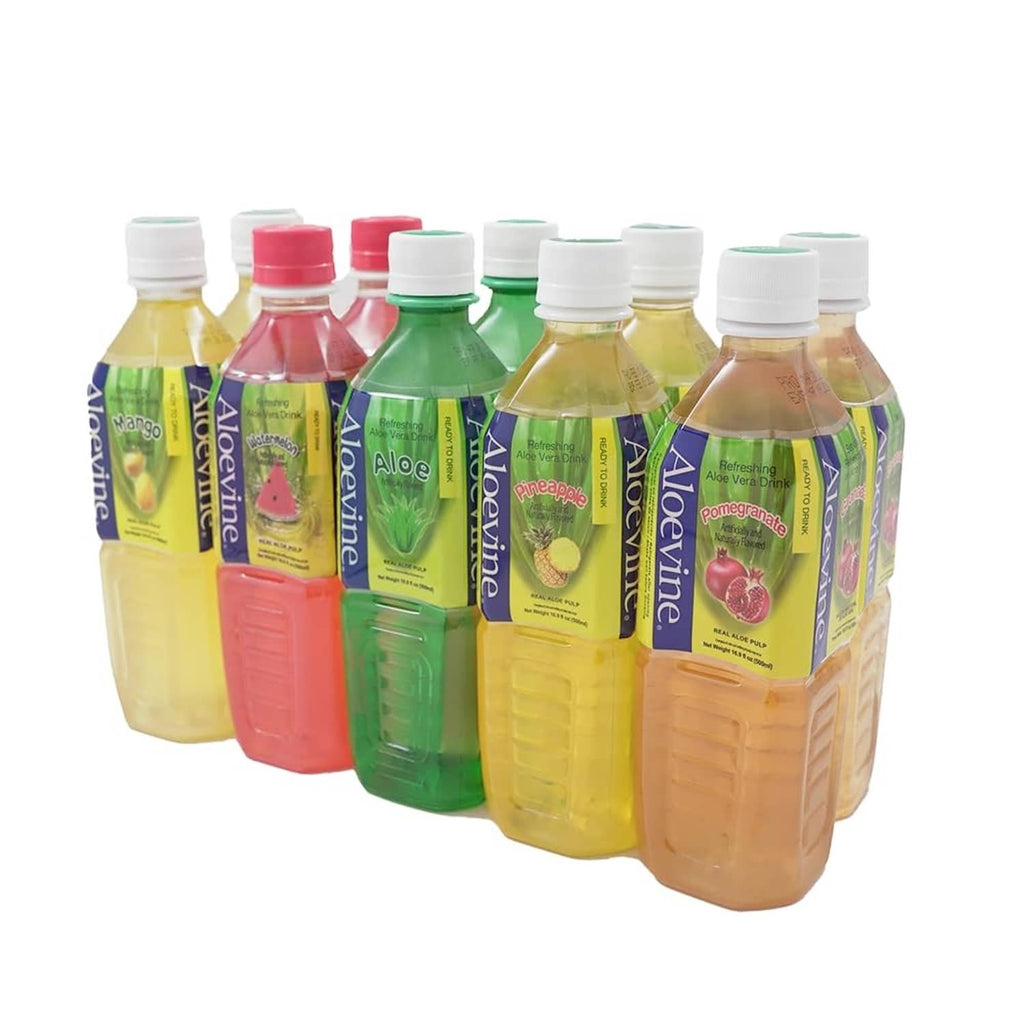Aloe vera drink multipack of bottles in yellow, green, red, and pink with white caps