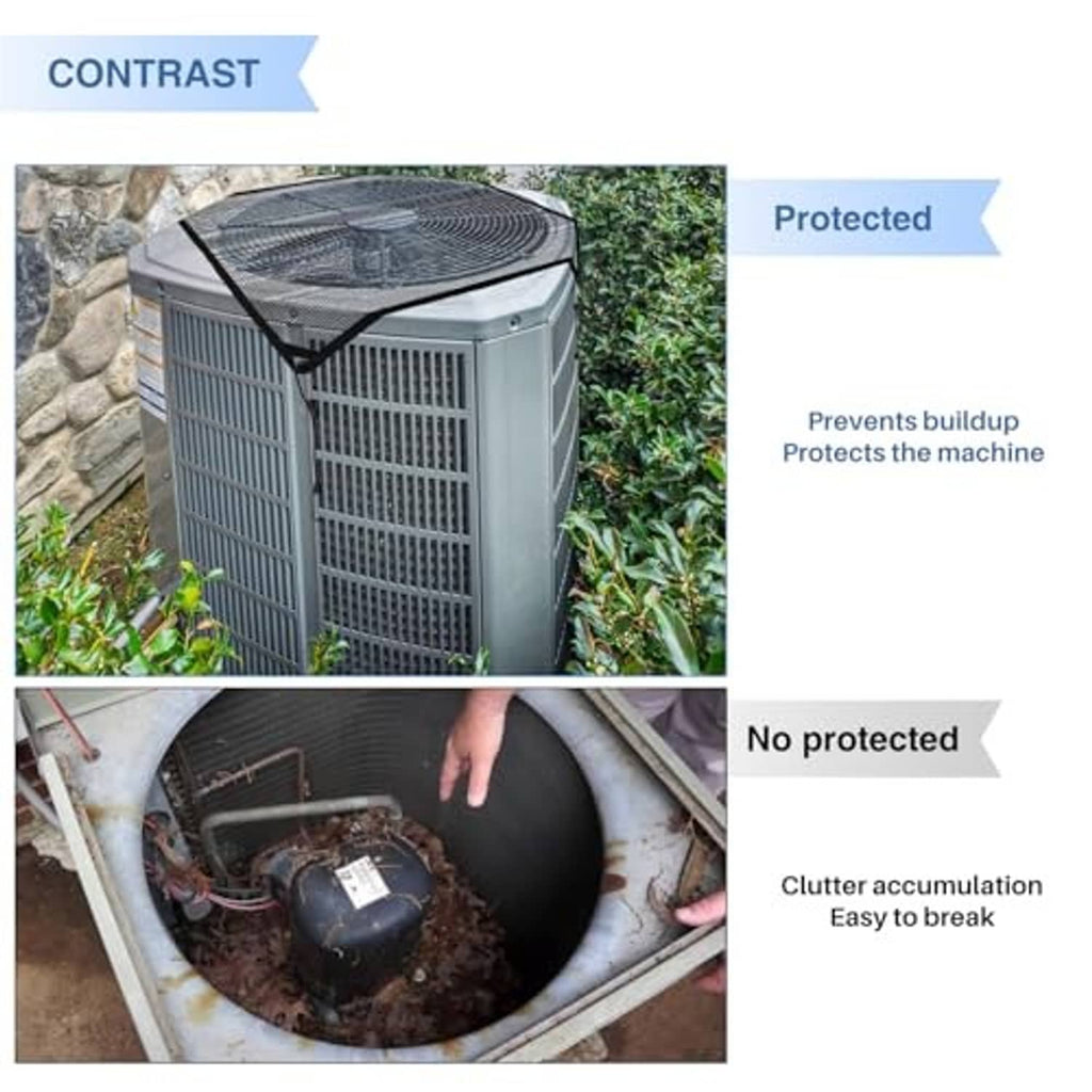 Outdoor AC unit cover on gray AC unit with black mesh top