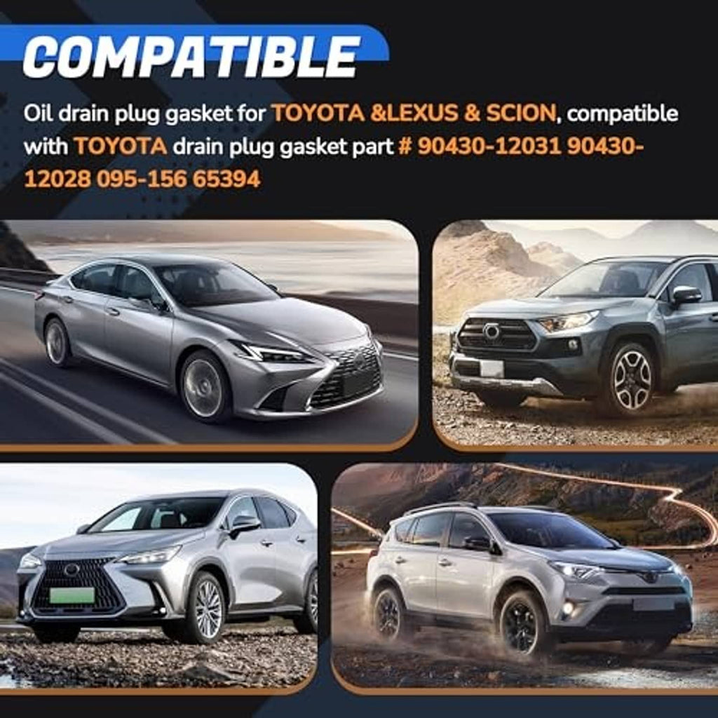 Oil drain plug crush washer gasket fitment graphic for Toyota, Lexus, and Scion