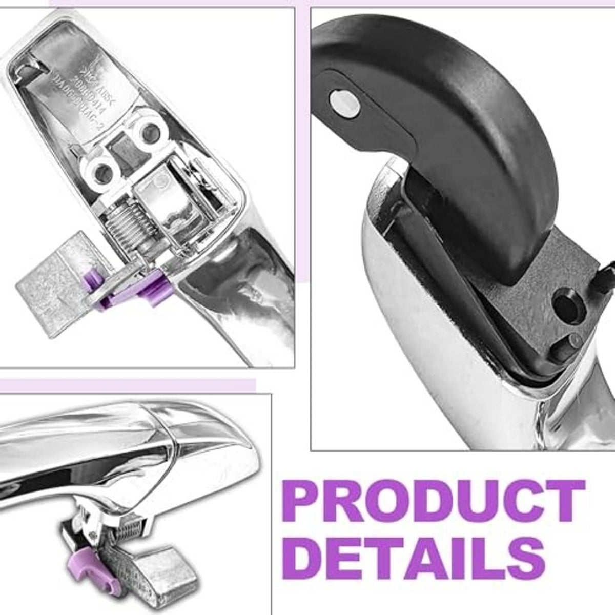 Door handle product details: chrome shell and exposed latch with purple clip