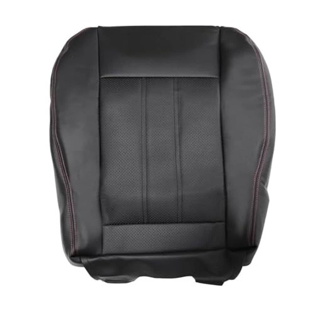 Black front seat cover replacement with perforated center insert and red edge stitching.