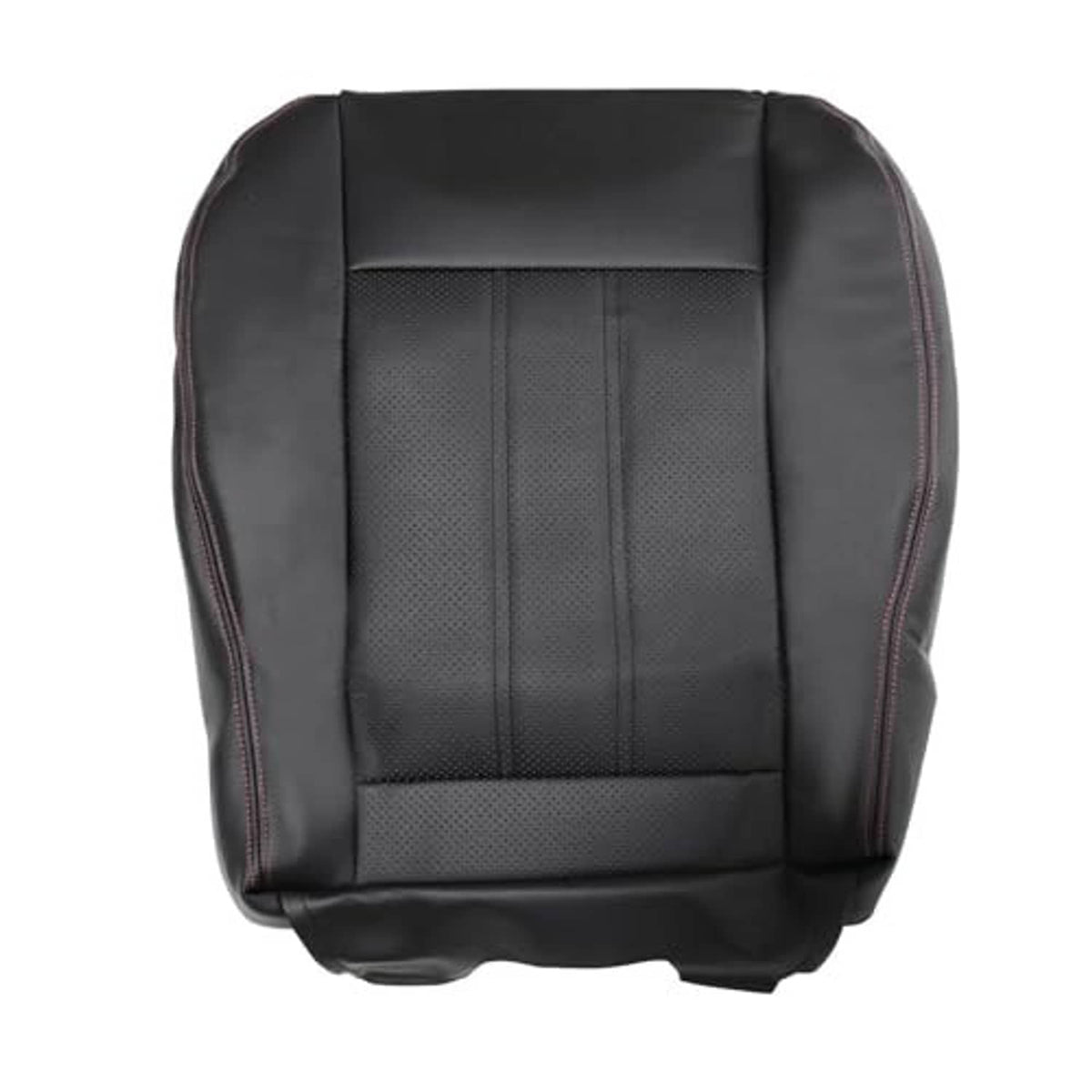 Black front seat cover replacement with perforated center insert and red edge stitching.