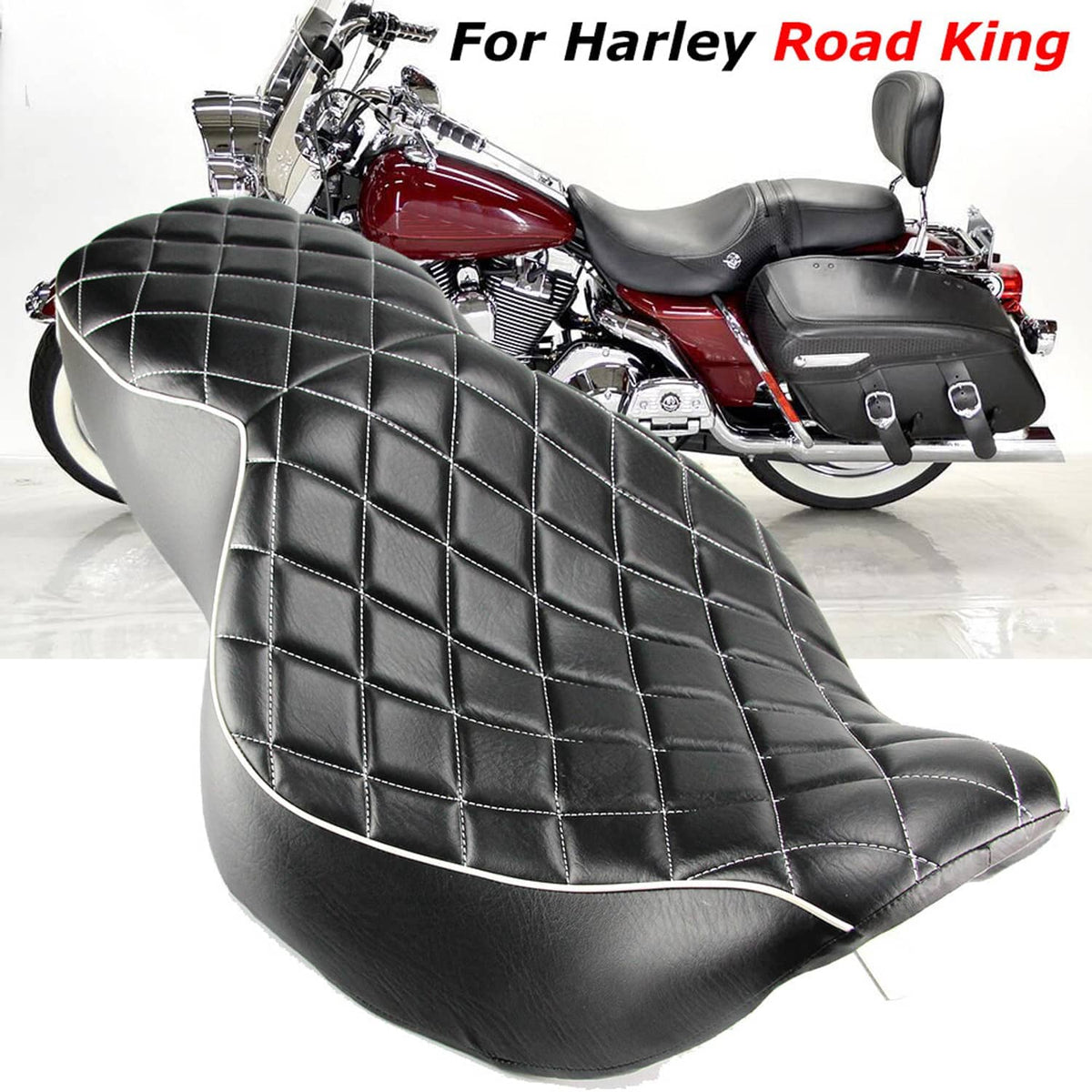 Black two-up Harley touring seat with diamond-pattern stitching and white piping detail.