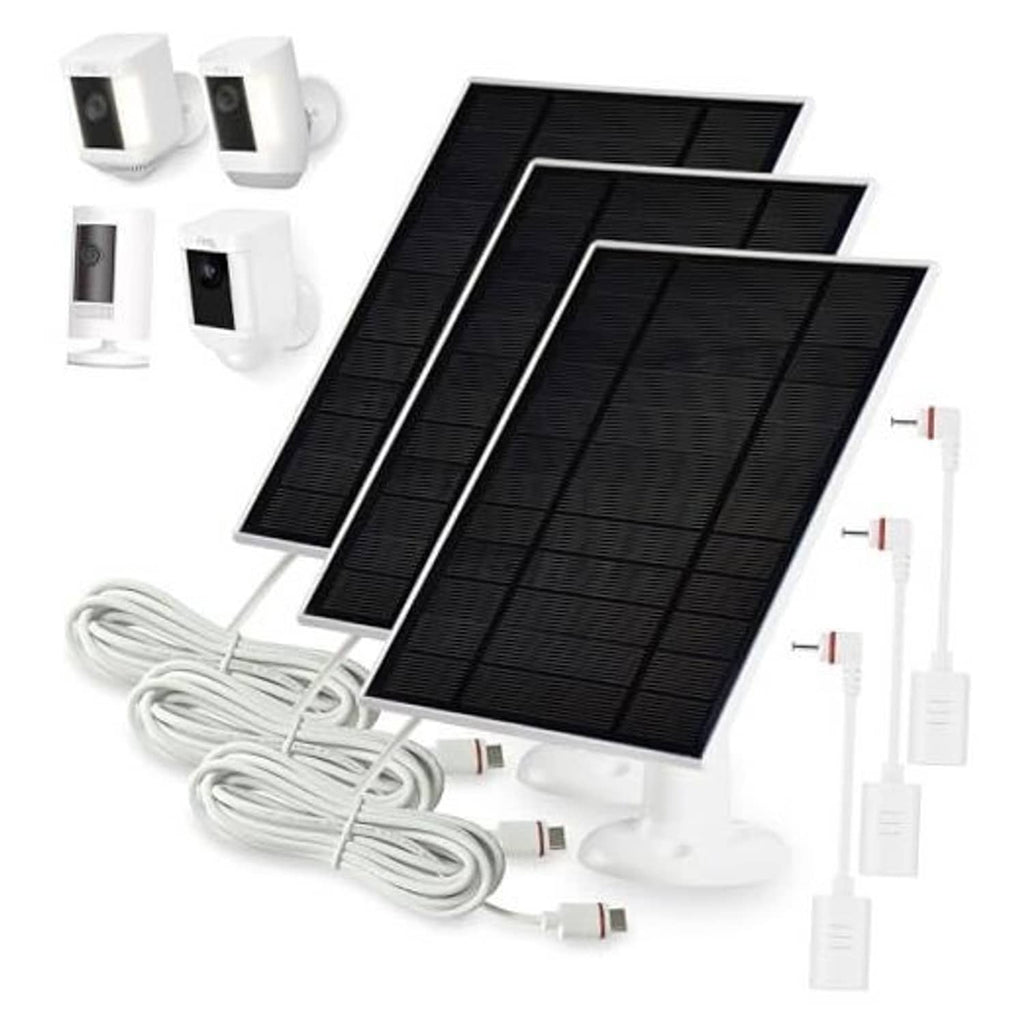 Solar panel charger kit with three white camera solar modules and power cables