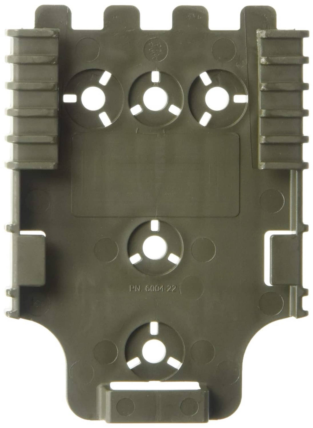 Dark olive locking system fork plate with side rails and circular cutouts