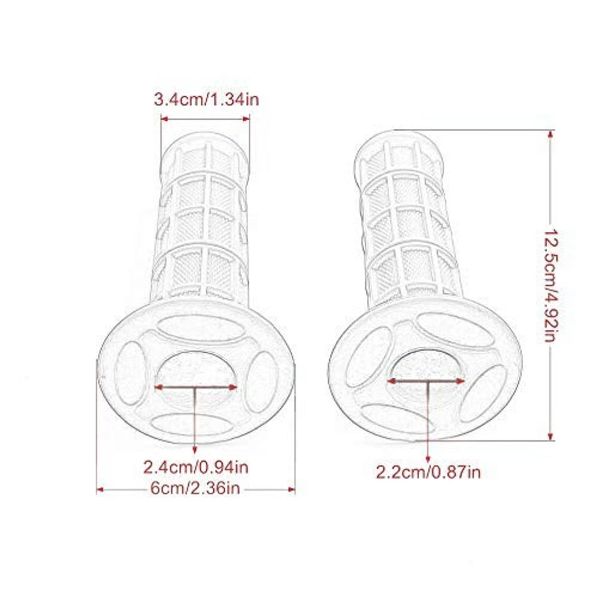 Red motorcycle grip dimensions diagram showing grip length and end-cap diameter