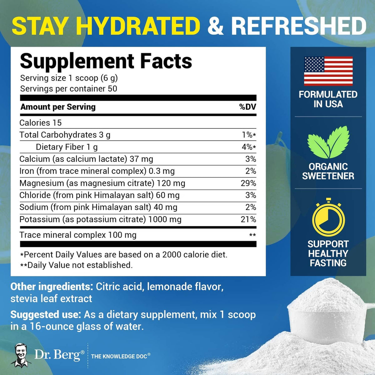 Dr. Berg electrolyte powder supplement facts label with nutrition and serving info
