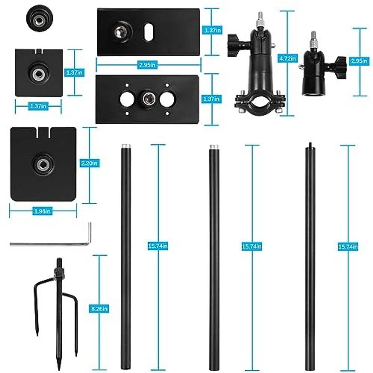 Hardware set for solar ground mount stand: brackets, rods, and ground stake