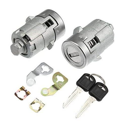 Pair of silver door lock cylinder tumblers with matching keys and mounting hardware