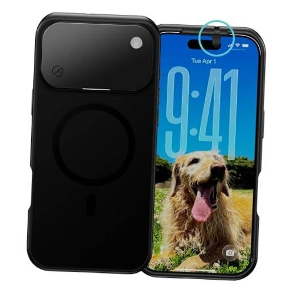 Black iPhone privacy case with front and rear camera privacy covers