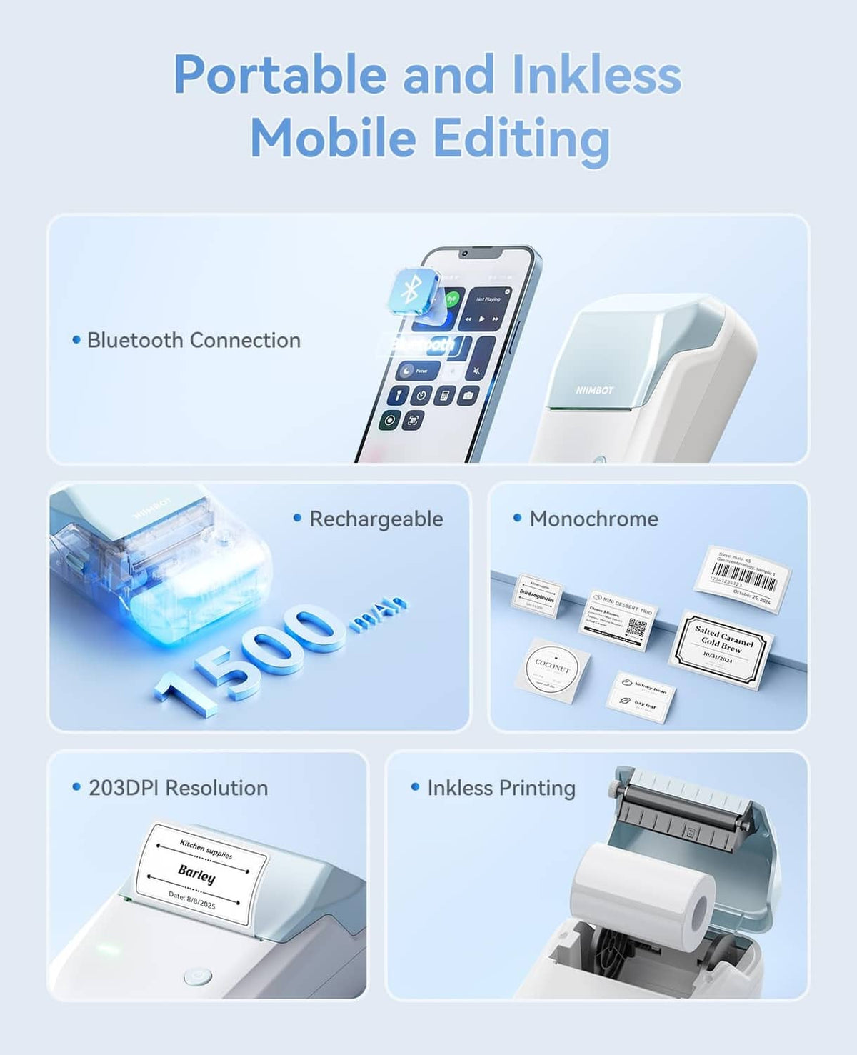 Light blue portable inkless Bluetooth label printer with roll-feed mechanism