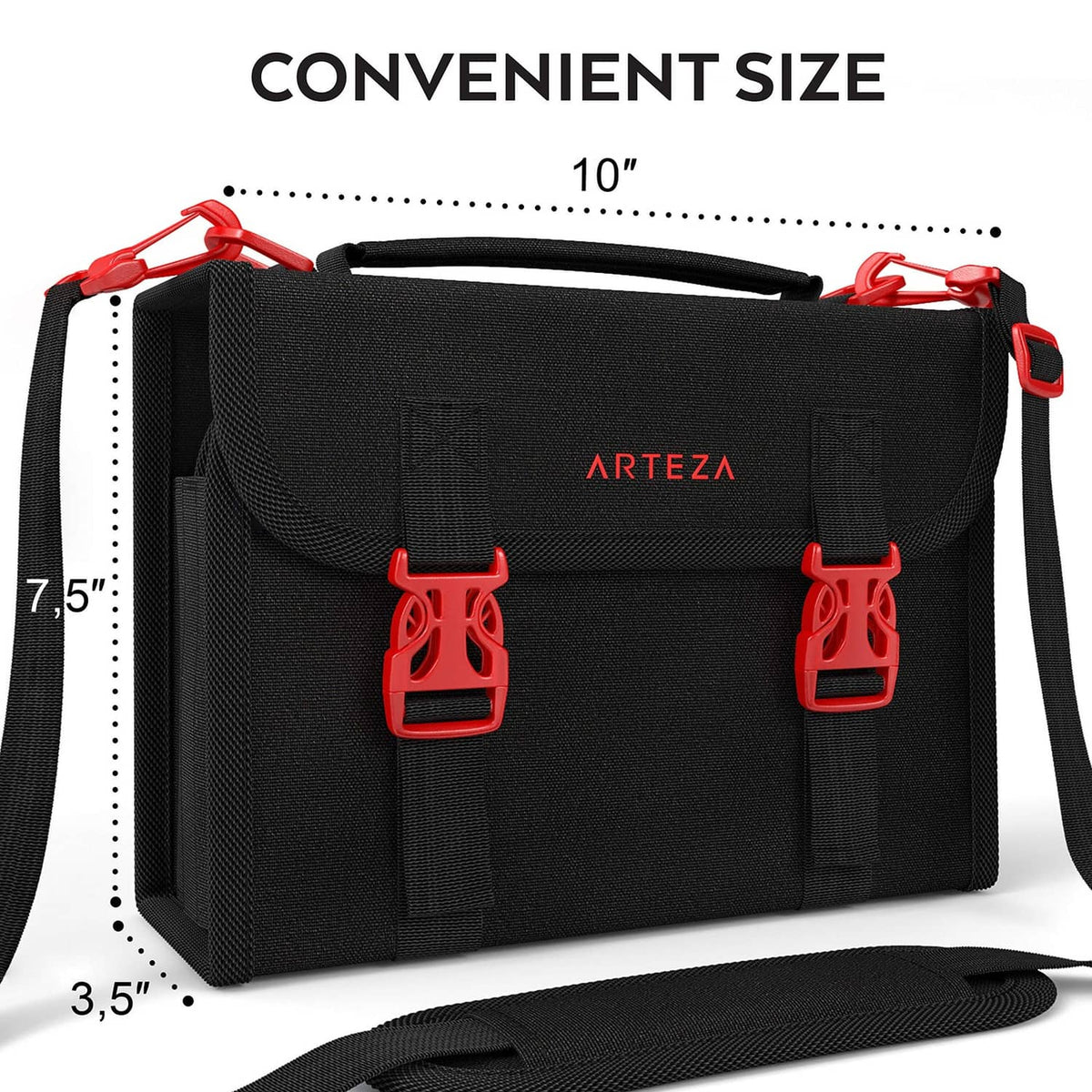 Black marker organizer case with shoulder strap and front clasp, compact fold-over style