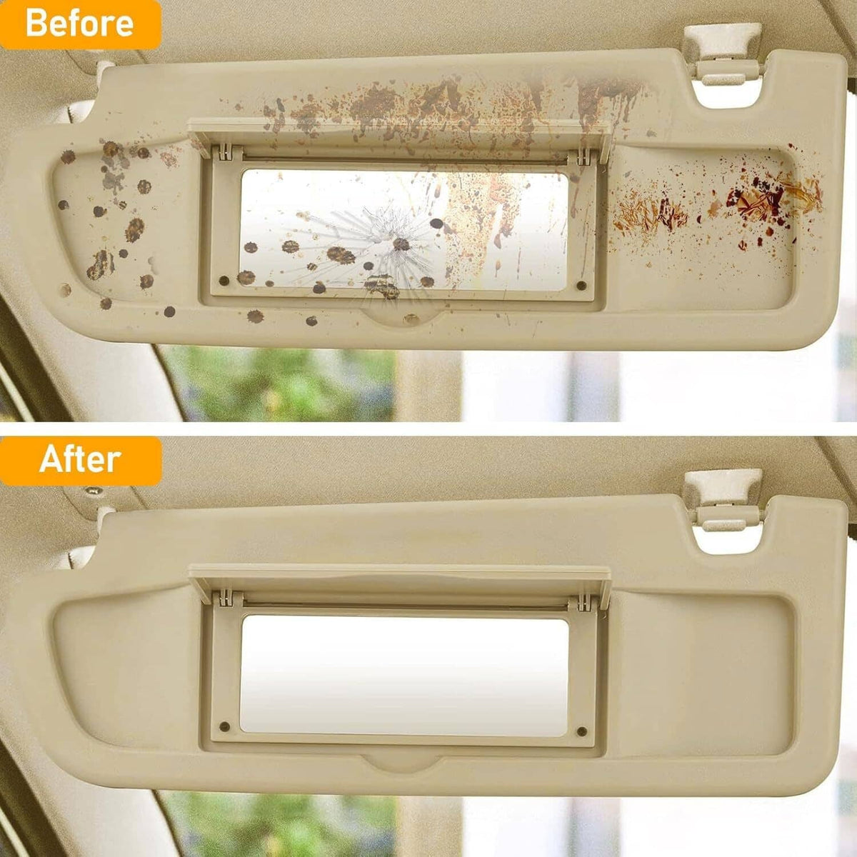 Beige sun visors before-and-after view with vanity mirror area in frame.