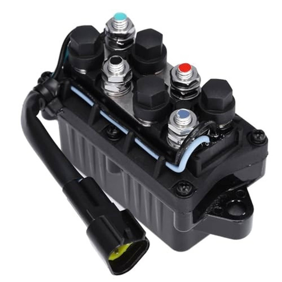 Black relay assembly with stacked metal terminals, rubber boots, and cable
